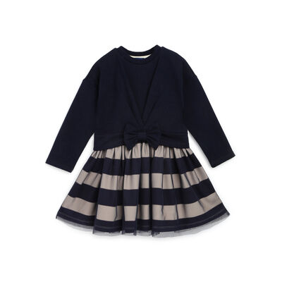 Girls Dark Blue Solid Long Sleeve Dress